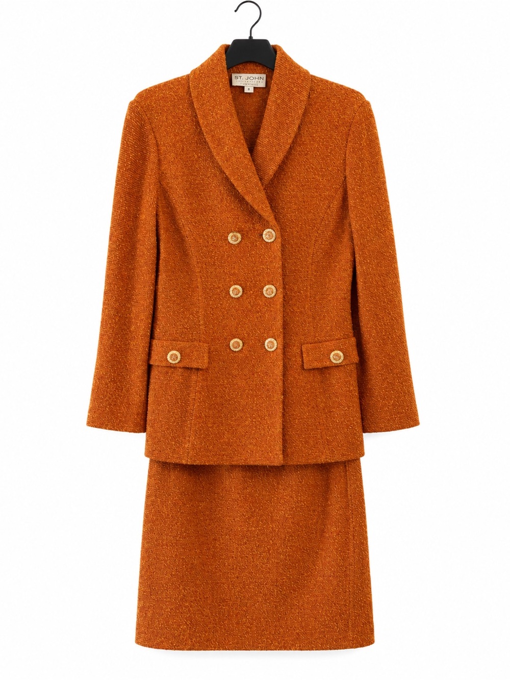 St. John Collection Skirt Suit 8 Burnt Orange Excellent Boucle Knit Blazer Set